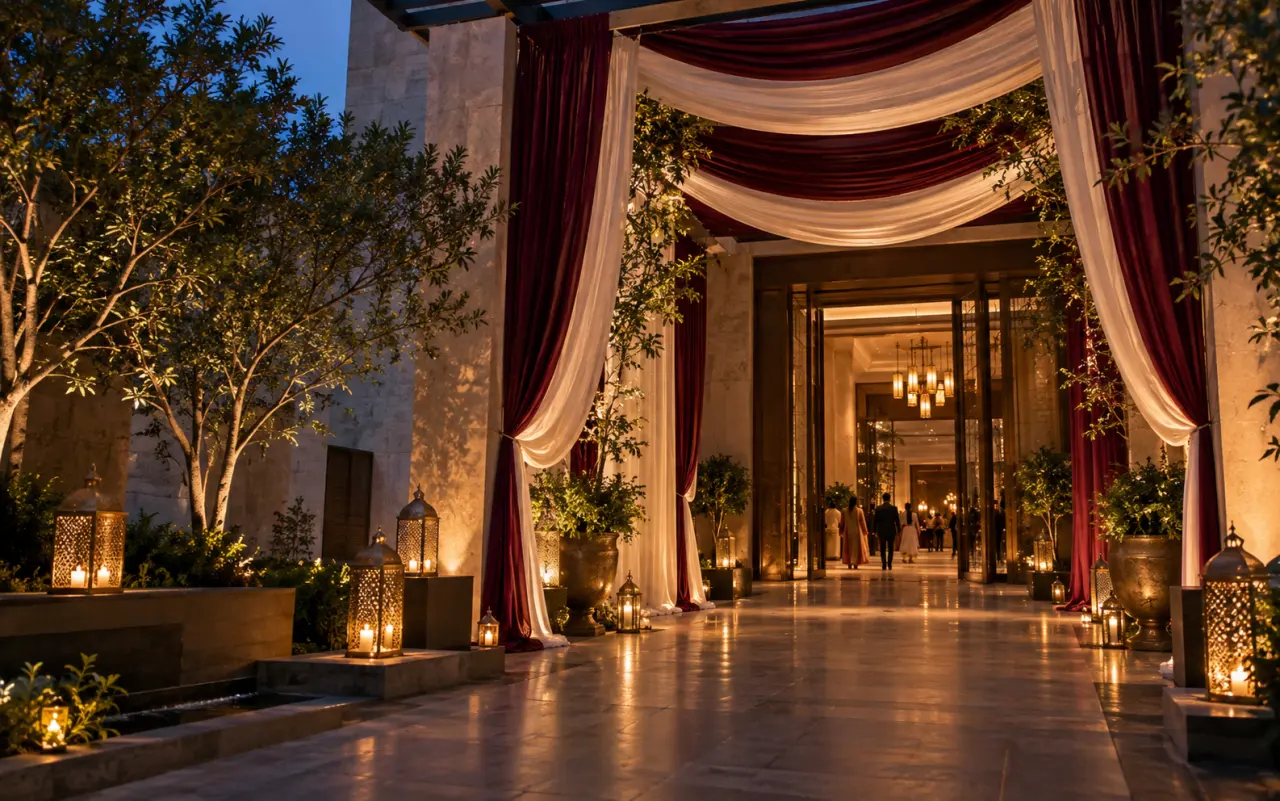 Decorated wedding venue arrival at blue hour