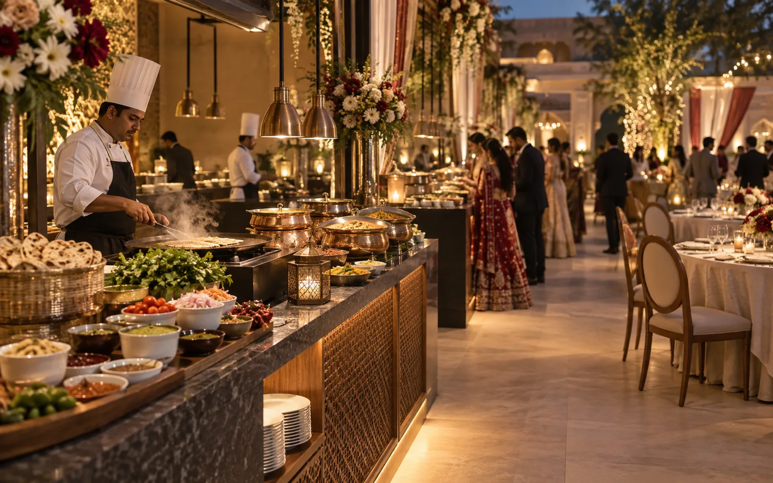 Indian wedding buffet with a chef at the live food counter